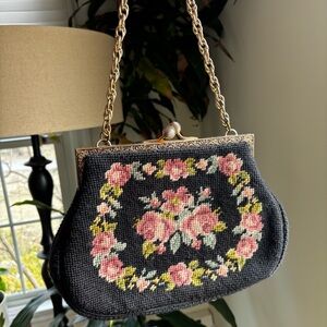 Vintage Needlepoint Purse Handbag Floral Petit Point w/ Ornate Metal Details